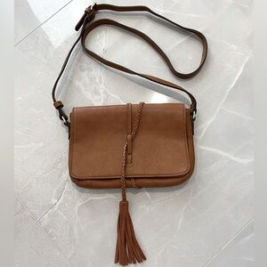 Saddle color faux leather crossbody with flap